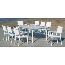 Set Salon De Jardin À Manger Palma-Hpl-220 Avec 8Xmilos-3 Finition Blanc/Hpl Design Blanc Tissus Blanc Textilene De 8 Places