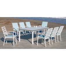 Set Salon De Jardin À Manger Palma-Hpl-220 Avec 8Xcaravel-3 + Coussin(S) Complet(S)  Dralonlux Finition Blanc/Hpl Design Blanc Tissus Praga Rayas Azul Bleu Blanc Dralonlux De 8 Places